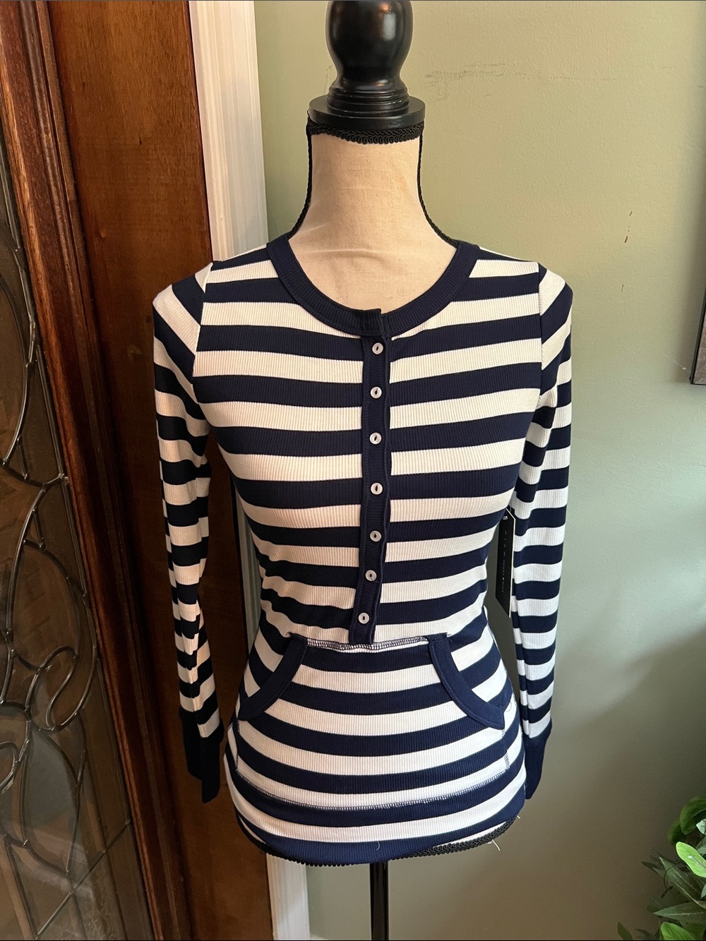 Heart Hips Navy and White Striped Ribbed Henley Sweater